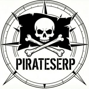 PIRATESERP logo featuring a black and white illustration of a skull and crossbones on a tattered flag, enclosed within a circular compass rose design.