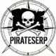 PIRATESERP logo featuring a black and white illustration of a skull and crossbones on a tattered flag, enclosed within a circular compass rose design.