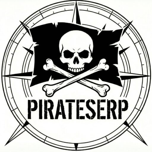 PIRATESERP logo featuring a black and white illustration of a skull and crossbones on a tattered flag, enclosed within a circular compass rose design.
